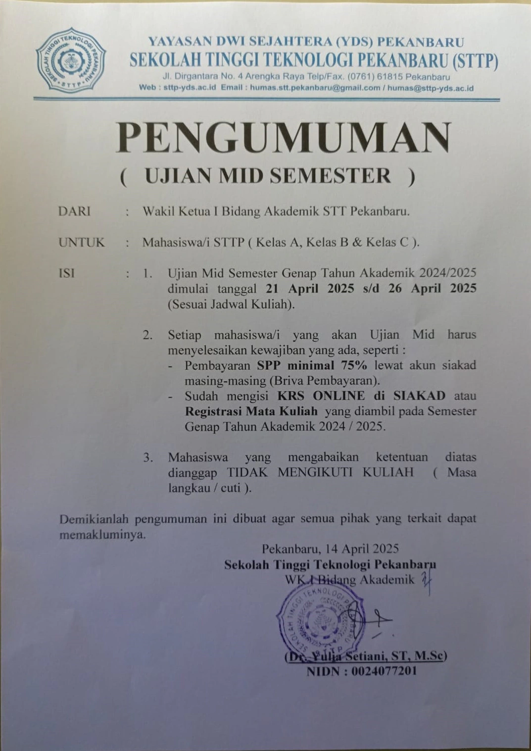 Pengumuman Ujian Tengah Semester